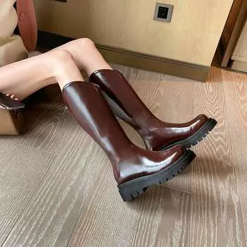 Krazing Pot из коровьей кожи, осенне-зимняя обувь, нескользящие женские сапоги до бедра на нескользящей платформе с круглым носком и застежкой-молнией 34 чёрный