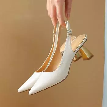 Krazing Pot из коровьей кожи, весенние туфли на толстом металлическом среднем каблуке с острым носком, большой размер 43, женские туфли-лодочки с открытой пяткой 34 бежевый