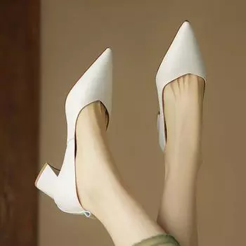 Krazing Pot из коровьей кожи, весенние туфли на толстом среднем каблуке с острым носком, однотонные женские туфли-лодочки большого размера 43 34 бежевый