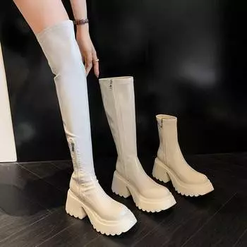 Krazing Pot из микрофибры, весенне-зимняя обувь, женские эластичные высокие сапоги до бедра на платформе с толстой подошвой 34
