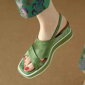 Krazing Pot из натуральной кожи с открытым носком и толстым каблуком, летние женские босоножки на платформе и танкетке в восточном стиле 34 зелёный