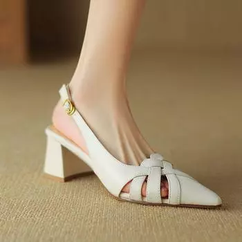 Krazing Pot из натуральной кожи с острым носком на среднем каблуке, осенняя летняя обувь с пряжкой и ремешком, женские туфли-лодочки с открытой пяткой 34 абрикосовый