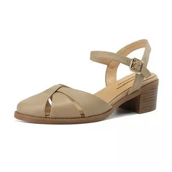 Krazing Pot из натуральной кожи с круглым носком на среднем каблуке, осенняя обувь с пряжкой и ремешком, полые украшения, летняя обувь, женские туфли-лодочки 34 абрикосовый