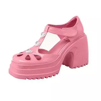 Krazing Pot Коровья кожа Круглый носок Платформа Очень высокие каблуки Весна Лето Туфли с кристаллами и шипами Крючок-петля Полые украшения Повседневные женские туфли-лодочки 34 слоновая кость