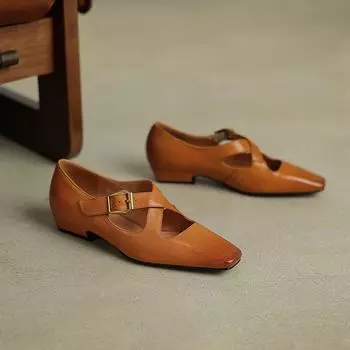 Krazing Pot Коровья кожа весна лето размер 40 толстые низкие каблуки женские квадратный носок неглубокие лодочки 35 коричневый