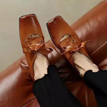 Krazing Pot Кожа коровы 2025 Весна Размер 40 Толстый Низкий Каблук Женские Квадратный Носок Полые Украшения Летние Лоферы 35 коричневый