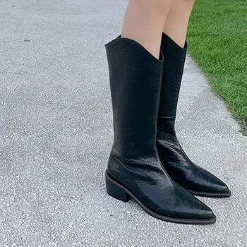 Krazing Pot, кожаная осенне-зимняя обувь с принтом из натуральной кожи, ботинки для верховой езды на толстом среднем каблуке, женские сапоги до бедра 34 чёрный