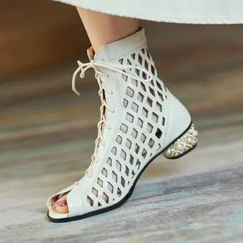Krazing Pot Летние ботинки из коровьего спилка с открытым носком Модные летние ботинки с полыми украшениями Ботильоны 34 белый