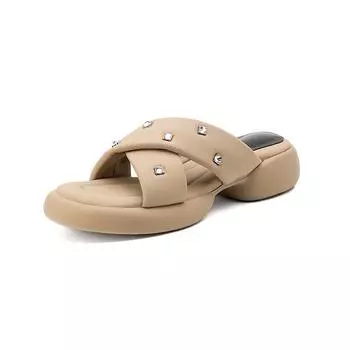 Туфли-мюли Krazing Pot из натуральной кожи с открытым носком на толстом каблуке, размер 42, женские босоножки на платформе с кристаллами 34 абрикосовый