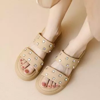 Туфли-мюли Krazing Pot из натуральной кожи с открытым носком на толстом каблуке, размер 42, женские босоножки на платформе с кристаллами 34 абрикосовый