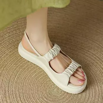 Krazing Pot Летние женские босоножки на плоской платформе с открытым носком и низким каблуком из микрофибры с плиссированным декором и сказочным дизайном для отдыха 34 слоновая кость