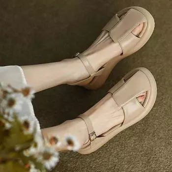 Krazing Pot Летние женские сандалии для отдыха на плоской платформе с круглым носком на низком каблуке из микрофибры в лаконичном дизайне 34 слоновая кость