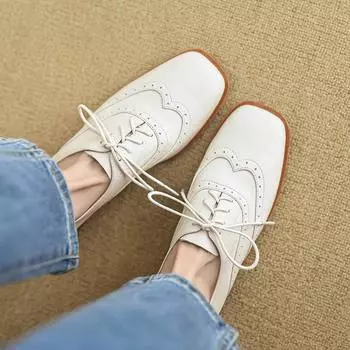 Krazing Pot Летняя обувь из натуральной кожи с квадратным носком на низком каблуке, женские туфли-лодочки с резьбой в британском стиле на шнуровке 34 чёрный