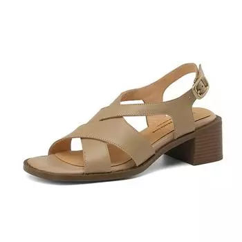 Krazing Pot Летняя обувь из овчины с открытым носком на толстом каблуке, дизайнерские офисные женские сандалии с квадратной пряжкой для отдыха, офисные женские сандалии 34 абрикосовый