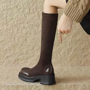 Krazing Pot Microfiber Autumn Winter Shoes Elastic Boots Square Toe Keep Warm Zipper Size 43 stretch thigh high Boots 34 чёрный