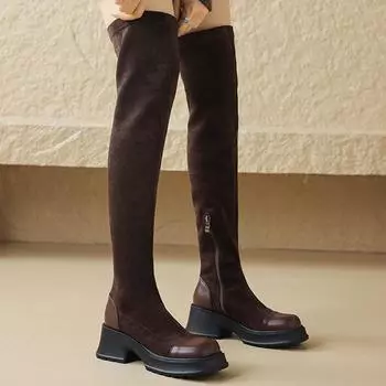 Krazing Pot Microfiber Autumn Winter Shoes Elastic Boots Square Toe Keep Warm Zipper Size 43 Stretch Over-the-knee Boots 34 чёрный