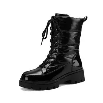 Krazing Pot Microfiber Down Boots Cold-resistant Winter Shoes Med Heels Size 44 Super Size Snow Boots lace up Round Toe Keep Warm Ankle Boots 35 чёрный