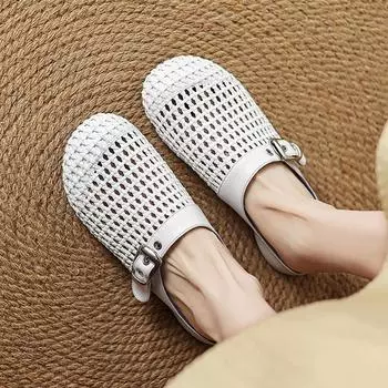 Krazing Pot Microfiber Mules Weaving Spring Summer Size 41 Thick Low Heels Women Round Toe Hollow Decoration Outside Slippers 35 чёрный