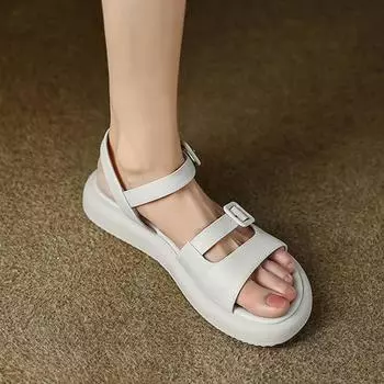 Krazing Pot Microfiber Peep Toe Low Heels Summer Flat Platform Square Buckle Concise Design Women Leisure Sandals