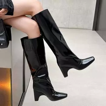 Krazing Pot Microfiber Winter Shoes Square Toe Big Size 42 Thick High Heels Slip on Boots Women European StyleThigh High Boots 34 чёрный