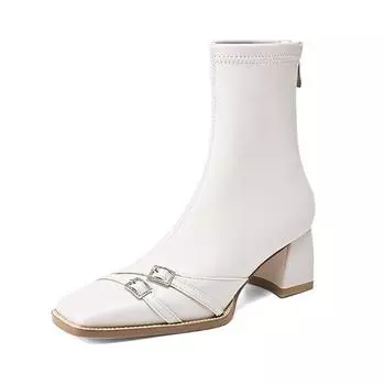 Krazing Pot Микрофибра квадратный носок зимние толстые каблуки современные короткие сапоги женские металлические пряжки молнии размер 42 эластичные ботильоны 34 чёрный