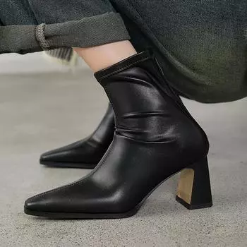 Krazing Pot Микрофибра квадратный носок Зимние толстые каблуки Современные короткие ботинки для женщин Размер 42 Лаконичный дизайн эластичные ботильоны 34 чёрный