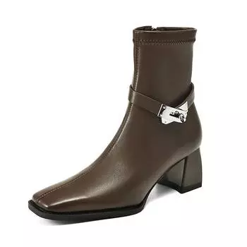 Krazing Pot Микрофибра квадратный носок Зимние толстые высокие каблуки Современные сапоги Женские металлические украшения молния Размер 42 Эластичные ботильоны 34 чёрный