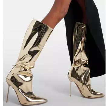 Krazing Pot Микрофибра Осенне-зимняя обувь Туфли на шпильках, очень высокие каблуки, большой размер 46, европейский стиль, теплые сапоги до середины икры 34 золотой