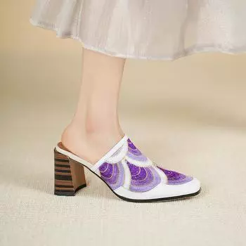 Krazing Pot Mules Cow Skin Spring Summer Size 43 Size 42 Sandals Women High Heels Peacock Pattern Women Round Toe Slip on Pumps 35 фиолетовый