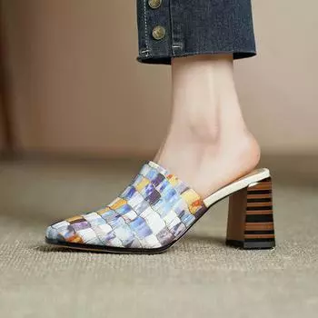Krazing Pot Mules Cow Skin Spring Summer Size 43 Size 42 Gingham Sandals Women Thick Heels Women Square Toe Slip on Pumps 35 синий
