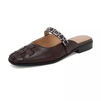 Krazing Pot Мюли из натуральной кожи, весенние, размер 40, толстые, низкие каблуки, женские, квадратный носок, плетеные украшения, летние туфли-лодочки 35 слоновая кость