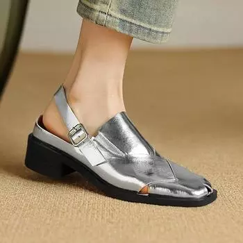 Krazing Pot Натуральная кожа Весна Размер 40 Толстый средний каблук Женские квадратный носок Slingback Летние мокасины 35 чёрный