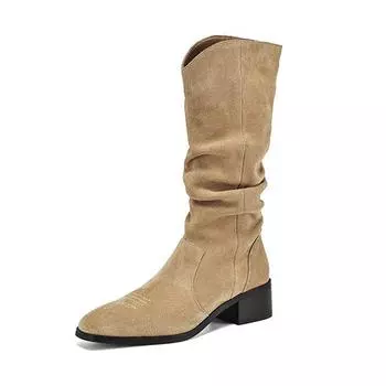 Krazing Pot Nubuck Autumn Winter Shoes Thick Heels Cowboy Boots Embroidery Sewing Pleated Keep Warm Thigh High Boots