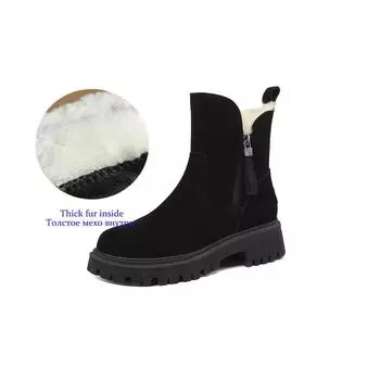 Krazing Pot nubuck cow suede Autumn Winter Shoes Chunky Heels Size 43 Size 42 Round Toe zipper Thick Bottom Fur Ankle Boots 34