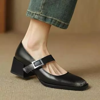 Krazing Pot, осенне-летняя обувь из коровьей кожи с квадратным носком на среднем каблуке, офисные женские туфли Мэри Джейн, женские туфли-лодочки на мелкой подошве 34 коричневый