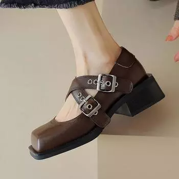 Krazing Pot, осенне-летняя обувь из натуральной кожи с квадратным носком, на среднем каблуке, женские туфли-лодочки Мэри Джейн с металлической пряжкой 34 коричневый