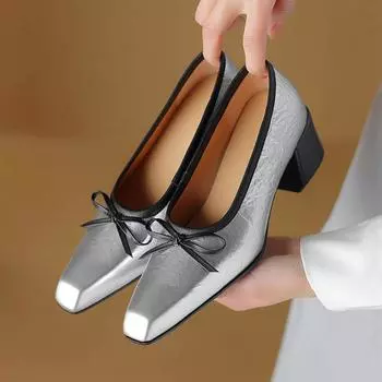 Krazing Pot, осенне-летняя обувь из натуральной кожи с квадратным носком, на толстом высоком каблуке, женские туфли-лодочки без шнуровки с узлом-бабочкой 34 золотой