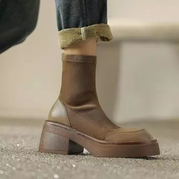 Krazing Pot осенне-зимняя обувь из флока из коровьей кожи с круглым носком на платформе, большие размеры, женские эластичные ботильоны без шнуровки на толстом среднем каблуке 34 чёрный