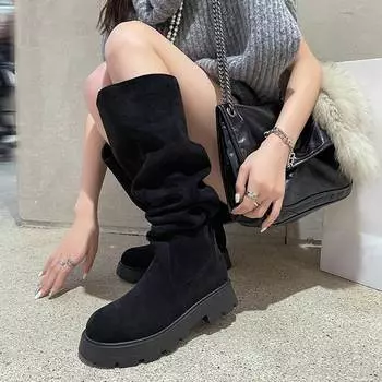 Krazing Pot, осенне-зимняя обувь из флока, эластичные ботинки на толстом среднем каблуке, женские согревающие сапоги до бедра со складками и украшением 34 чёрный