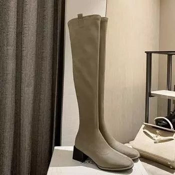 Krazing Pot Осенне-зимняя обувь из флока на толстом высоком каблуке, эластичные сапоги европейского дизайна, женские теплые сапоги выше колена