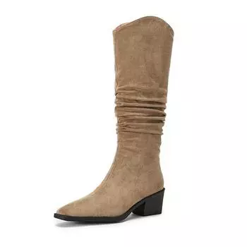 Krazing Pot Осенне-зимняя обувь из флока на толстом высоком каблуке, современные ботинки с круглым носком, плиссированные, сохраняющие тепло высокие сапоги 34 чёрный