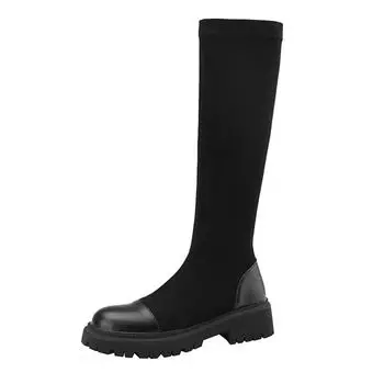 Krazing Pot Осенне-зимняя обувь из флока, средний каблук, размер 43, ботинки-трубы, платформа, круглый носок, сохраняющие тепло, высокие сапоги 34 чёрный