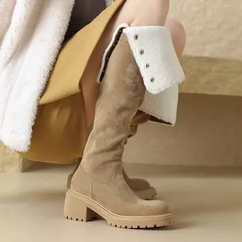 Krazing Pot Осенне-зимняя обувь из флока на толстом каблуке, сапоги для верховой езды, заклепки, круглый носок, сохраняющие тепло, выше колена 34
