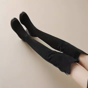 Krazing Pot Осенне-зимняя обувь из флока, каблуки средней высоты, эластичные сапоги-трубы с круглым носком, сохраняющие тепло, без застежек, выше колена 34