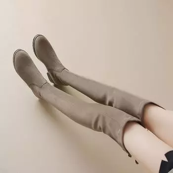 Krazing Pot Осенне-зимняя обувь из флока. Низкие каблуки. Эластичные сапоги-трубы. Круглый носок. Сохраняют тепло. Эластичные сапоги выше колена. 34 чёрный