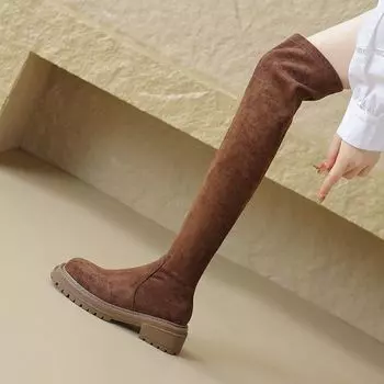 Krazing Pot Осенне-зимняя обувь из флока, каблуки средней высоты, эластичные ботинки с круглым носком, сохраняющие тепло, без застежек, выше колена 34 чёрный