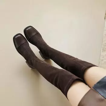 Krazing Pot Осенне-зимняя обувь из флока на толстом высоком каблуке, эластичные сапоги с квадратным носком в европейском стиле, сохраняющие тепло, выше колена 34 чёрный