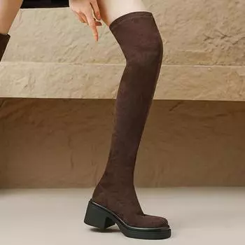 Krazing Pot Осенне-зимняя обувь из флока Эластичные ботинки с круглым носком Сохраняют тепло Сапоги выше колена с толстой подошвой 34 чёрный