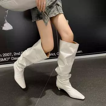 Krazing Pot осенне-зимняя обувь из искусственной кожи с квадратным носком на среднем каблуке без шнуровки Сапоги в стиле вестерн плиссированные украшения женские высокие сапоги до бедра 34 чёрный