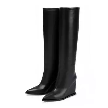 Krazing Pot осенне-зимняя обувь из коровьего спилка на высоком каблуке на танкетке, большой размер 46, женские теплые сапоги до бедра 34 чёрный